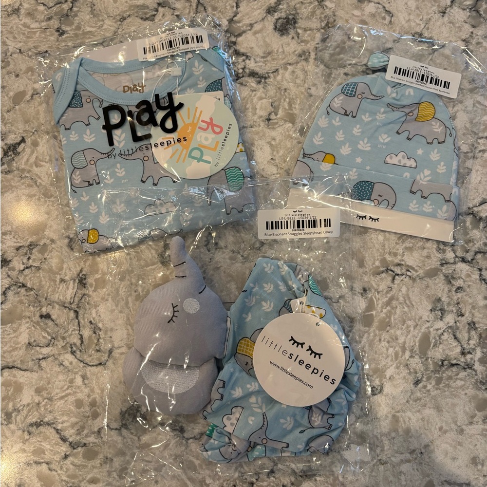 Little Sleepies Blue Elephant Snuggles Bodysuit 3-6 months, beanie, and lovey.